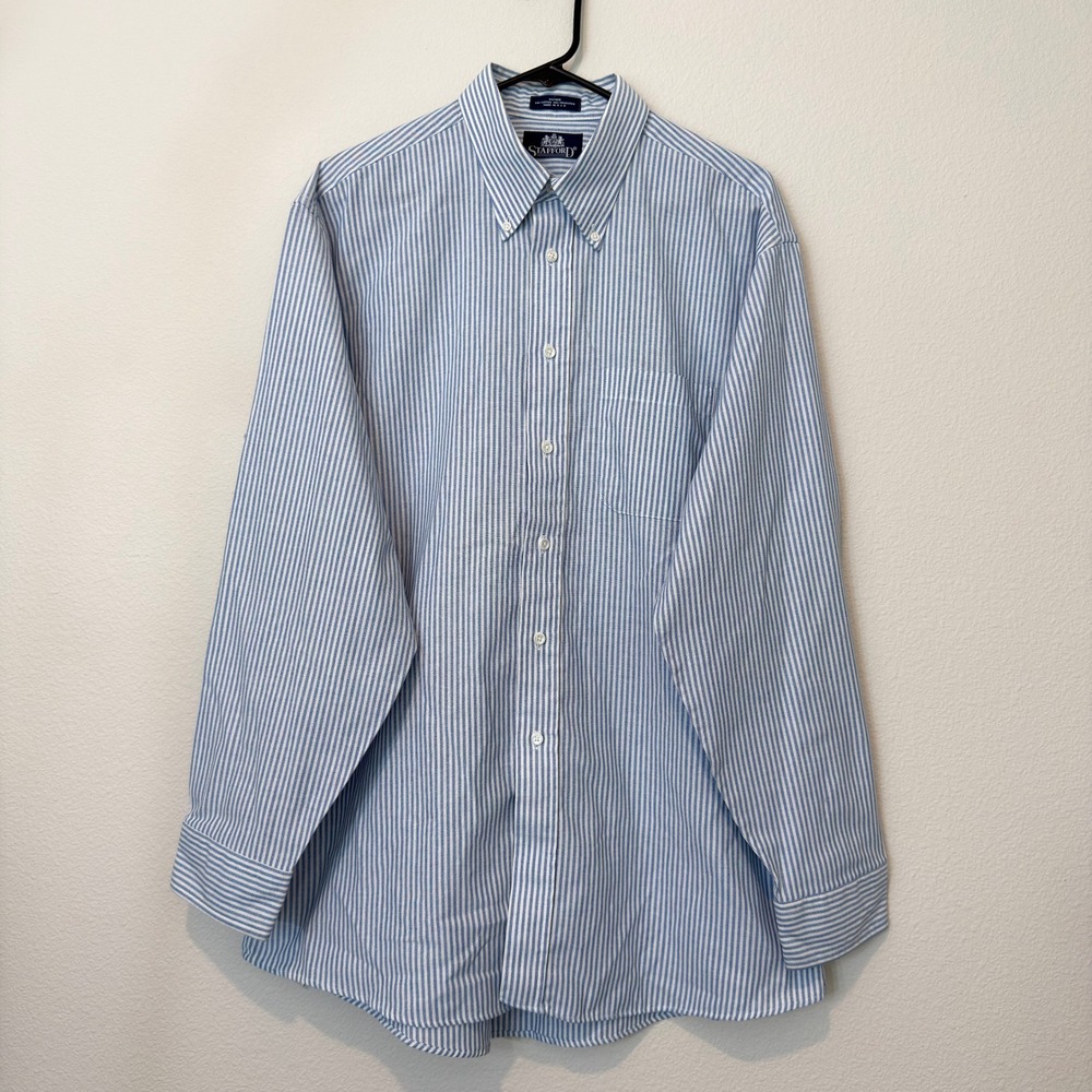 Stafford Oxford Button Down Mens 17 35 Blue White Striped Good Made in USA Long